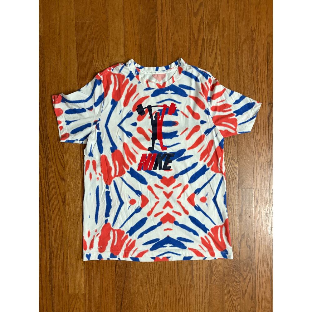 Nike Red White Blue‎ "Tie Dye" Pattern Weightlifting Men's Large T-Shirt- EUC